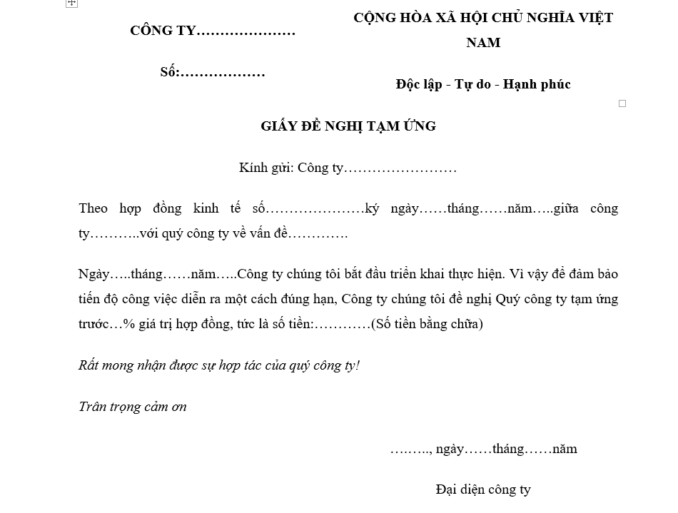 giấy đề nghị tạm ứng hợp đồng