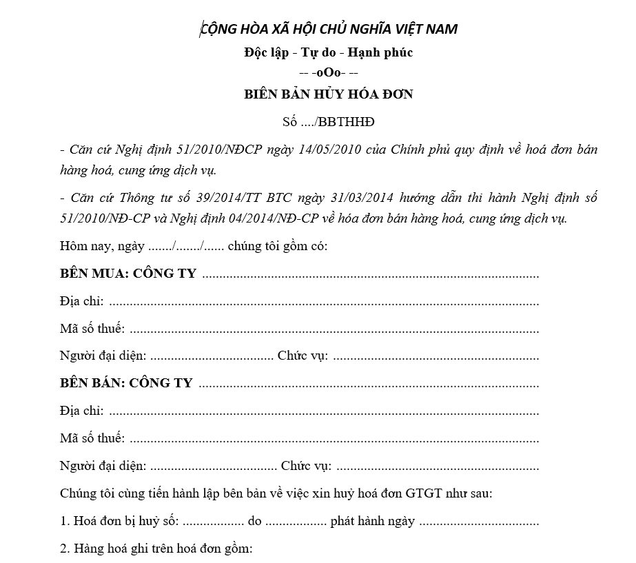 mẫu biên bản hủy hóa đơn