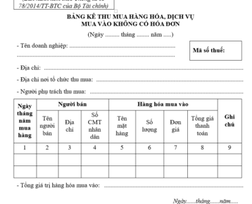 bảng kê mua hàng hóa không có hóa đơn: Mẫu 01/TNDN