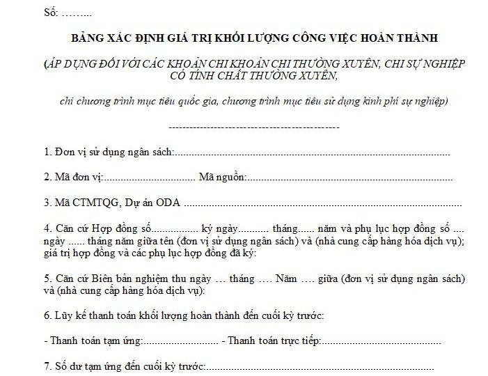 mẫu 08a-bảng xác định khối lượng công việc hoàn thành