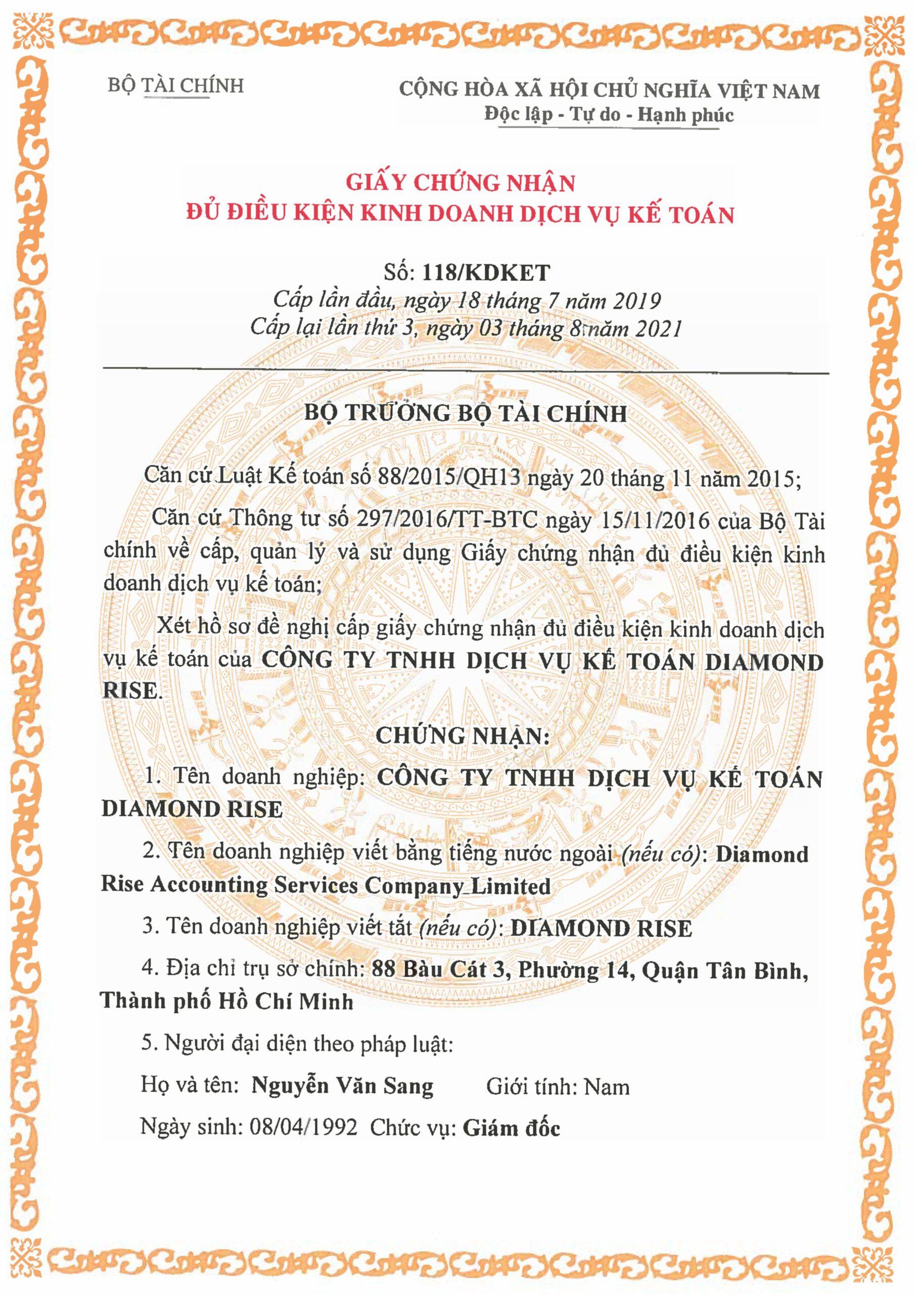 Chứng nhận Bộ Tài Chính